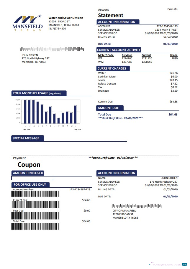 download USA Mansfield Texas utility bill template in Word and PDF format (.doc and .pdf) PDF template